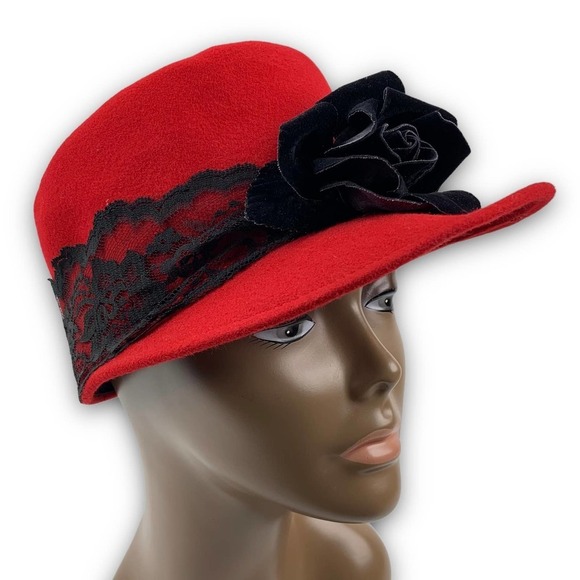 1960's BOLLMAN HAT Co. via KOKIN red wool black rose and lace cap - Picture 7 of 16